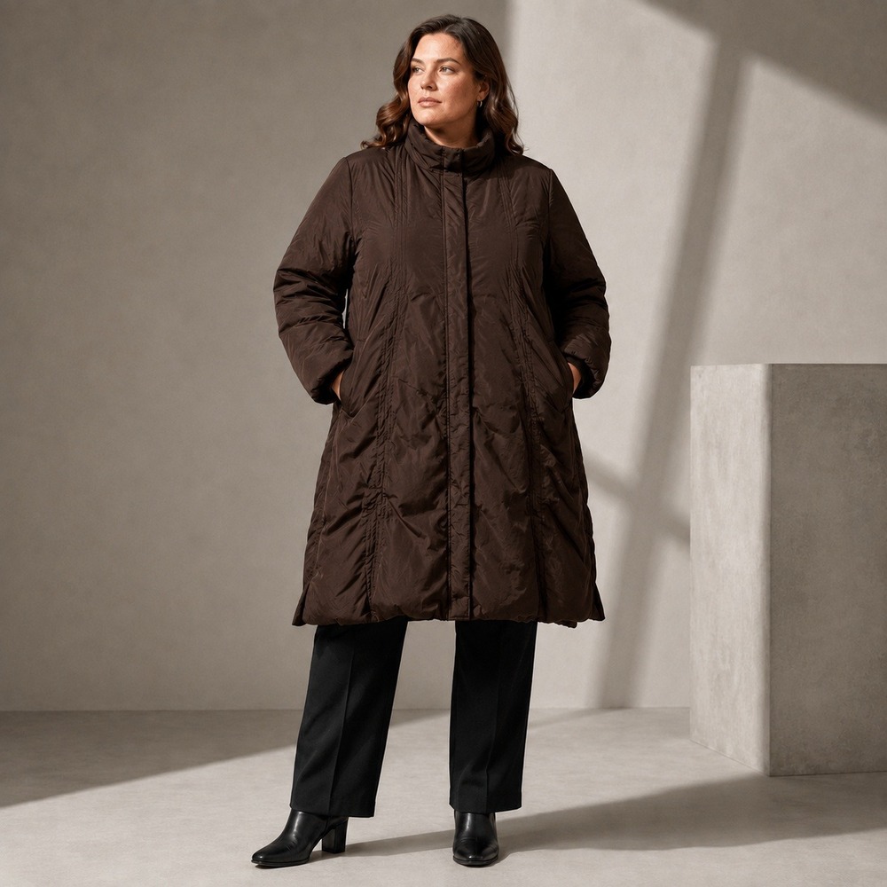 Long Brown Puffer Down Coat Womens Sz XL Minimalist Winter Chic Jacket